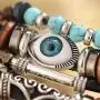 JIAOGE Evil Eye Bracelets, Bohomian Layered Leather Turquoise Beads Bracelets for Men, Retro Punk Leaf Bracelets for Women