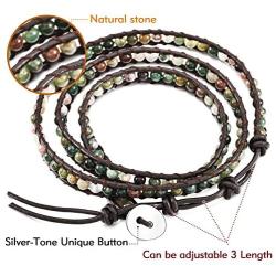 MOWOM Layered Bracelets for Women Men Boys Girls Genuine Leather Bracelet Rope Bangle Cuff Crystal Gemstone Bohemian Style & Beads Braided 3/5 Wraps Adjustable Handmade Jewelry Gifts