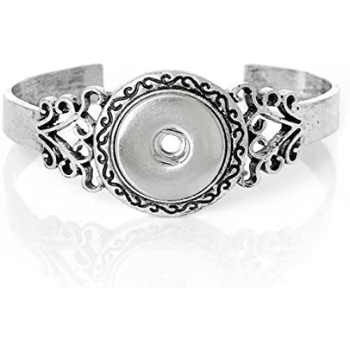 Snap Button Hard Bangle Bracelet, Antiqued Silver Tone - 7.5 inch