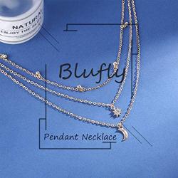 Blufly Layered Moon Pendant Necklace Gold Star Crystal Choker Necklaces Beaded Starburst Necklace Chain Satellite Ball Drop Necklaces Boho Jewelry for Women and Girls