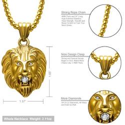Jewelry Kingdom 1 Mens Necklace Lion Pendant Necklace, Bigger in Size, Silver Plated Stainless Steel, 3PCS Shiny CZ Diamonds, Comes with Rope Chain 24”and in a Gift Box