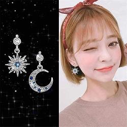 KaFu Gold Moon Star Asymmetrical Drop Earrings Sliver Sun Crystal Dangle Earrings with Rhinestone For Women Girls