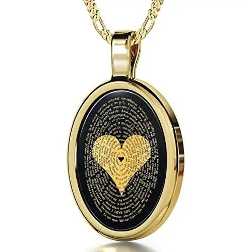 Nano Jewelry Gold Plated Silver Love Necklace I Love You in 120 Languages Pendant Inscribed in 24k Gold in Miniature Text onto a Romantic Oval Black Onyx Gemstone for Women, 20'' Figaro Chain