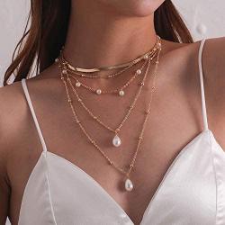 fxmimior Gold Pearls Pendant Layering Choker Necklaces Long Y Necklace Chain Jewelry for Women and Girls Tier 5