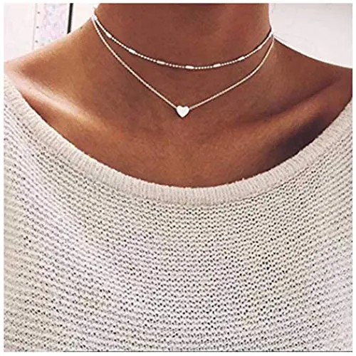 Yfe Heart Pendant Necklace Heart Layered Necklace Choker for Women and Girls Satellite Necklace Jewelry (Silver)