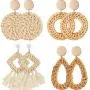 4 Pairs Rattan Earrings Lightweight Geometric Statement Tassel Woven Bohemian Earrings Handmade Straw Wicker Braid Hoop Drop Dangle Earrings For Women Girls (Style A)