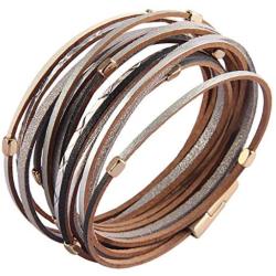 TASBERN Womens Leather Bracelet Crystal Metal Tube Wrap Bracelets Cuff Bangle with Magnetic Clasp for Girls