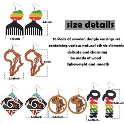 FUTTMI 16 Pairs African Map Women Earrings Round Natural Wooden Painted Earrings Ethnic Style Dangle Earring Set for Women Girls