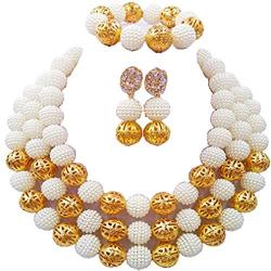 laanc Womens Fashion Gold Plated 3 Rows Nigerian Beads African Wedding Bridal Jewelry Sets