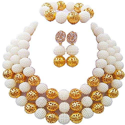 laanc Womens Fashion Gold Plated 3 Rows Nigerian Beads African Wedding Bridal Jewelry Sets