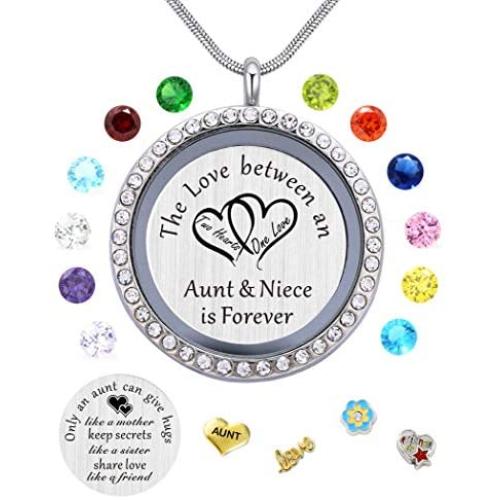 beffy Best Gifts for Niece Aunt, Floating Living Memory Locket Necklace Pendant with Charm & Birthstone for Women, Girls & Teen Girl