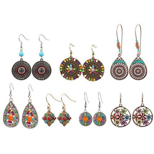 LAIMALA 7 Pairs Vintage Bohemian Earrings Set Retro Rhinestone Earrings Boho Dangle Drop Earrings Statement Long Boho Drop Earrings for Women Girls Jewelry Set Gifts