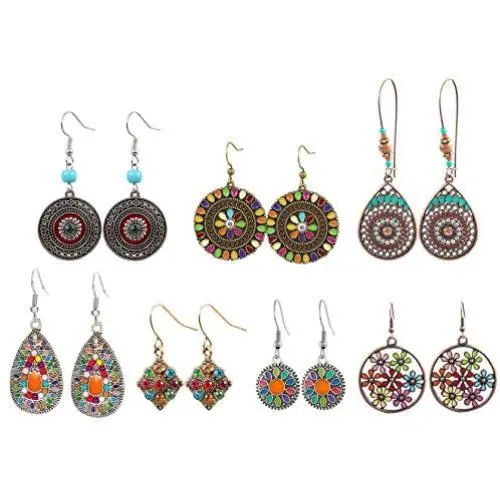 LAIMALA 7 Pairs Vintage Bohemian Earrings Set Retro Rhinestone Earrings Boho Dangle Drop Earrings Statement Long Boho Drop Earrings for Women Girls Jewelry Set Gifts