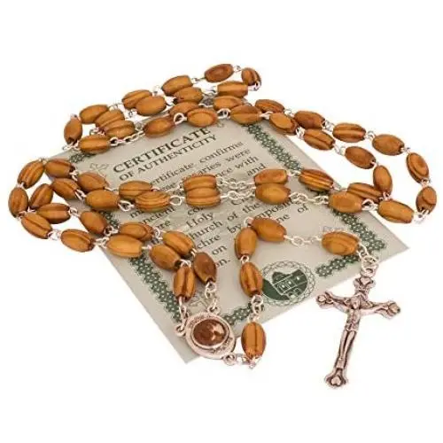 Catholic Oval Olive Wood Rosary Beaded Prayer Jerusalem Cross Decor Crucifixion of Christ Jesus Necklace for Auto Vehicle for Men Women Religious Jewelry Pendant 14 inch