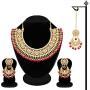 Aheli Faux Kundan Beads Strand Necklace Earrings Maang Tikka Bollywood Traditional Fashion Statement Jewelry Set for Women