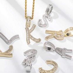 GUCY Gold Plated Initial Pendant Necklace Women/Men Iced Out Baguette Letter Pendant Necklace with 24''Rope Chain