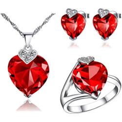 Uloveido White Gold Plated Crystal Heart Wedding Jewelry Set Women Necklace Earrings and Rings Set for Bridal Girls Anniversary Birthday Gift T213