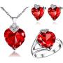 Uloveido White Gold Plated Crystal Heart Wedding Jewelry Set Women Necklace Earrings and Rings Set for Bridal Girls Anniversary Birthday Gift T213