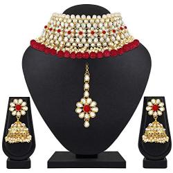 I Jewels 18K Gold Plated Indian Bollywood Wedding Party Wear Faux Kundan Pear Ethnic Choker Necklace Jewelry Set for Women