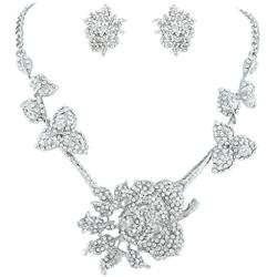 EVER FAITH Womens Austrian Crystal Graceful Rose Flower Necklace Stud Earrings Set