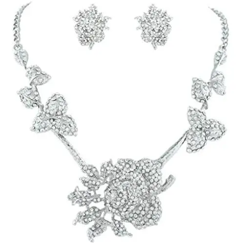 EVER FAITH Womens Austrian Crystal Graceful Rose Flower Necklace Stud Earrings Set EVER FAITH Womens Austrian Crystal Graceful Rose Flower Necklace Stud Earrings Set