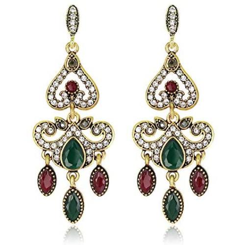 León Jewelry Vintage Gemstone Rhinestone Exotic Statement Earrings Dangle Drop Retro Unique