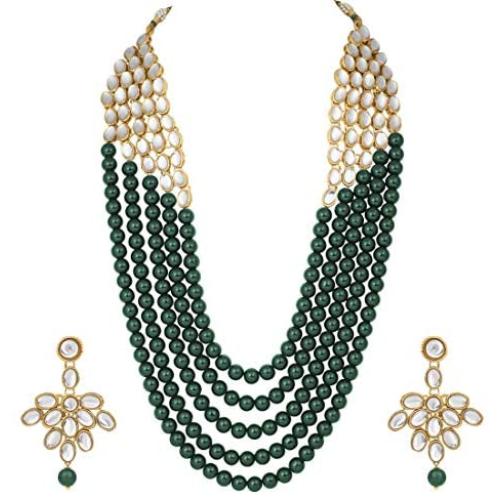 Aheli Elegant Indian Ethnic Traditional Layered Beaded Long Kundan Necklace Earring Set Bollywood Wedding Party Jewelry for Women