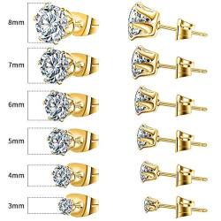 UHIBROS Stainless Steel Stud Earrings Set Hypoallergenic Cubic Zirconia 18K White Gold 316L CZ Earring 6 Pairs 3-8mm