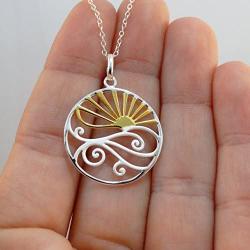 Sterling Silver Ocean Waves at Sunset Pendant Necklace, 18k Yellow Gold Plated Sun, 18'' Chain