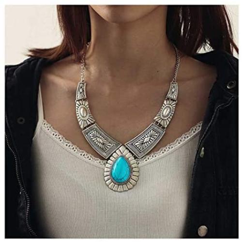 Fstrend Boho Necklace Earring Set Silver Turquoise Pendant Chain Hollow Statement Necklaces Jewelry for Women and Girls