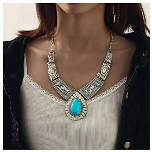 Fstrend Boho Necklace Earring Set Silver Turquoise Pendant Chain Hollow Statement Necklaces Jewelry for Women and Girls Fstrend Boho Necklace Earring Set Silver Turquoise Pendant Chain Hollow Statement Necklaces Jewelry for Women and Girls