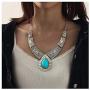 Fstrend Boho Necklace Earring Set Silver Turquoise Pendant Chain Hollow Statement Necklaces Jewelry for Women and Girls