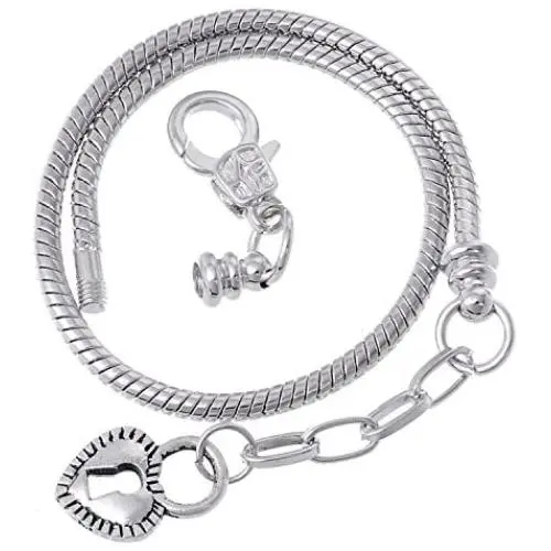 RUBYCA 10pcs 8.7'' Lobster Clasp Heart Lock Pendant Snake Chain European Charm Bracelet Silver Tone RUBYCA 10pcs 8.7'' Lobster Clasp Heart Lock Pendant Snake Chain European Charm Bracelet Silver Tone