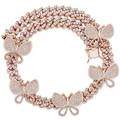 TOPGRILLZ 8mm/12mm 6 Times Plated Iced Out Spinner Charm Butterfly Cuban Link Choker Chain Necklace for Women Novelty Jewelry Gifts