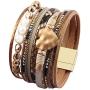 AZORA Leather Cuff Bracelet Multi Strands Beige Wrap Bangle with Pearl Boho Jewelry for Women Teen Girl Gift