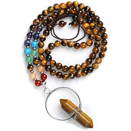 JOVIVI Natural 7 Chakra Gemstone Healing Crystals Necklace Wire Wrapped Crystal Quartz Double Pointed Hexagonal Prism Pendant Reiki Energy Balancing