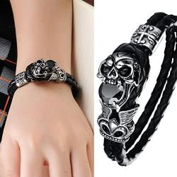 Stainless steel skull ghost head diamond black winding leather bracelet trendy hip-hop fashion jewelry gift