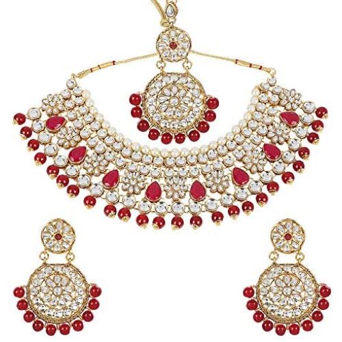 MUCH-MORE Indian Traditional Kundan Bridal Necklace Pearl & Colored Beads Bollywood Style Set for Women