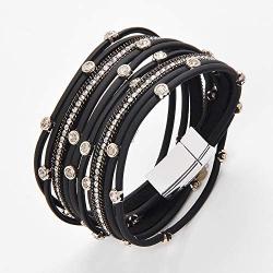 TASBERN Women Leather Wrap Bracelet Stud Beads Crystal Cuff Bracelets Jewelry for Ladies Girls
