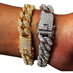 Halukakah Diamond Cuban Link Chain for Women Girl 13.5MM 18k Real Gold Plated/Platinum White Gold Finish Iced Out Choker Necklace Bracelet,Full Cz Diamond Cut Prong Set,with Giftbox