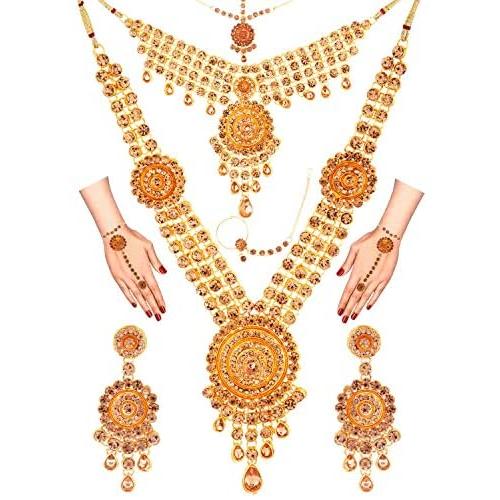 Efulgenz Indian Bollywood Bridal Wedding Kundan Crystal Necklace Earring Maang Tikka Head Chain Nose Ring Bracelet Jewelry Set