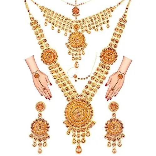Efulgenz Indian Bollywood Bridal Wedding Kundan Crystal Necklace Earring Maang Tikka Head Chain Nose Ring Bracelet Jewelry Set