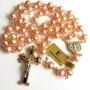 elegantmedical Pink 8mm Real Pearl BEADS St. Benedict GOLD ROSARY CROSS Necklace & box Catholic GIFTS