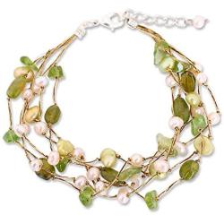 NOVICA Multi-Gem Peridot Cultured Freshwater Pearl Silver Plated Beaded Bracelet Cloud Forest