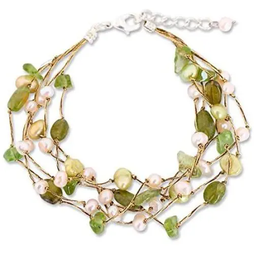 NOVICA Multi-Gem Peridot Cultured Freshwater Pearl Silver Plated Beaded Bracelet Cloud Forest