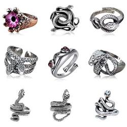 KUSERON 9PCS Stainless Steel Vintage Punk Rings,Snake Frog Open Rings,The Devil Dragon Eye Ring-Purple,Gothic Open Adjustable Ring Set Jewelry