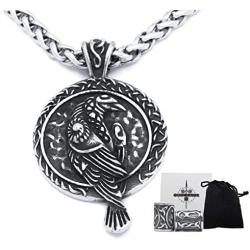 GUNGNEER Viking Raven Necklace for Men Women Odin Cow Jewelry Pagan Wiccan Pendant Stainless Steel Keel Chain Strong Amulet