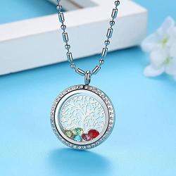 Family Tree of Life Floating Living Memory Locket Pendant Necklace with Birthstone, All Charms Included