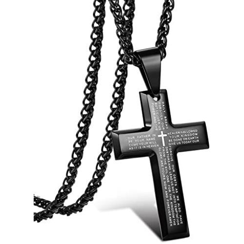 Jstyle Stainless Steel Black Cross Pendant Necklace for Men Lords Prayer Necklace Heavy Wheat Chain 22 24 30 Inch