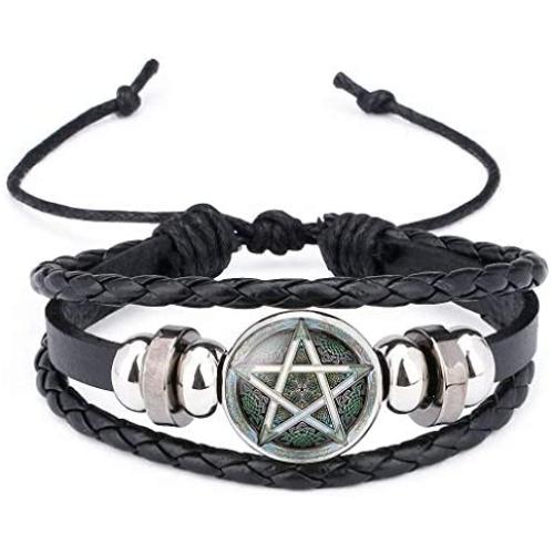 Giwotu Black Occult The Inverted Star Sign Pentagram Satanic Pentagram Star Symbols Glass Beaded Telescopic Bracelets Men Women Jewelry